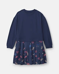Girls Long Sleeve Cheer Print Dress - Navy