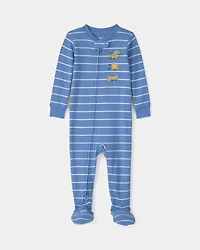 Baby Boy Construction Striped 100% Cotton Snug Fit 1-Piece Pyjama Set - Blue