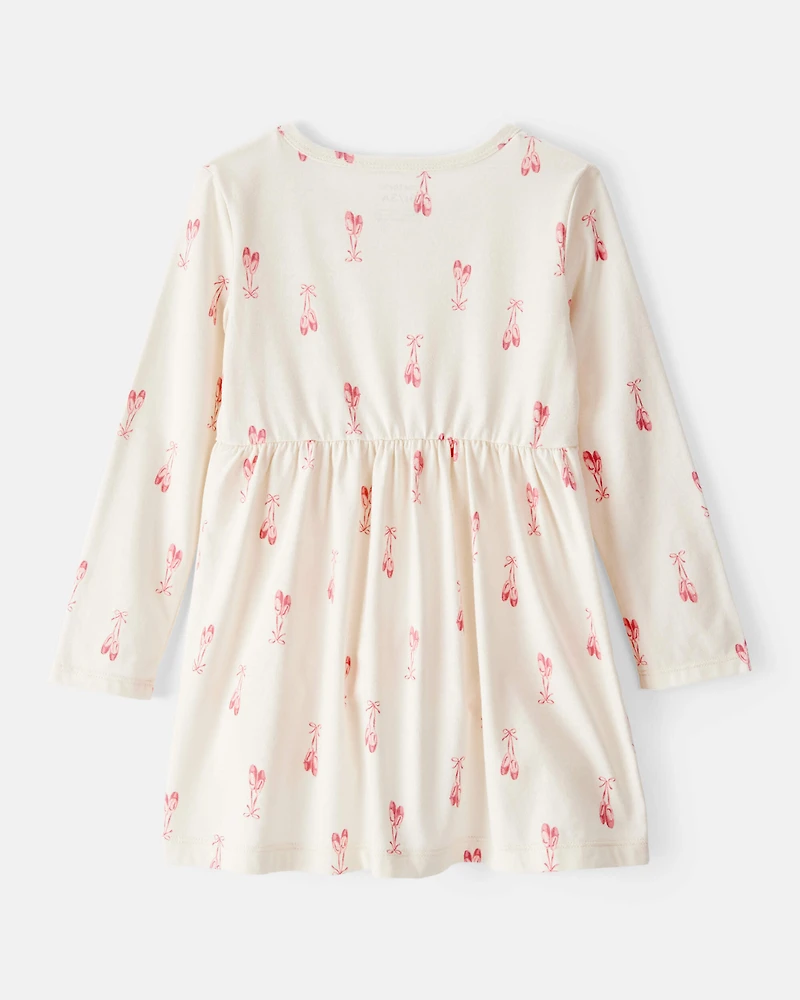 Toddler Girl Ballet Slipper Print Long-Sleeve Dress - Ivory