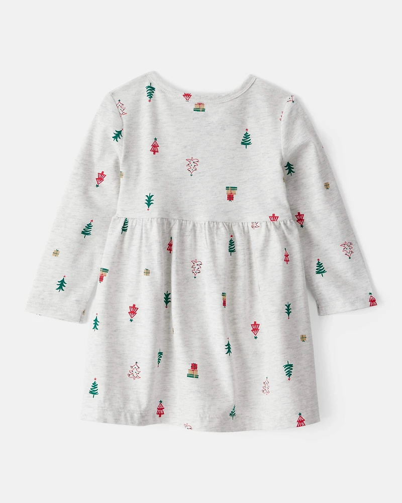 Baby Girl Christmas Tree Print Long-Sleeve Dress