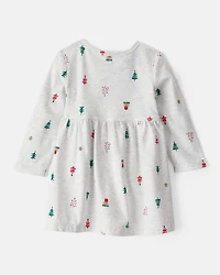Baby Girl Christmas Tree Print Long-Sleeve Dress