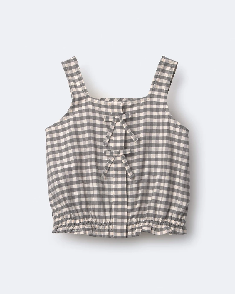 Toddler Girl Gingham Peplum Top with Bows - Cream/Grey