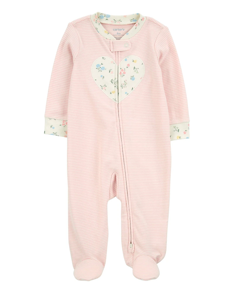 Baby Girl Heart Striped 2-Way Zip Cotton Sleeper Pyjamas - Pink