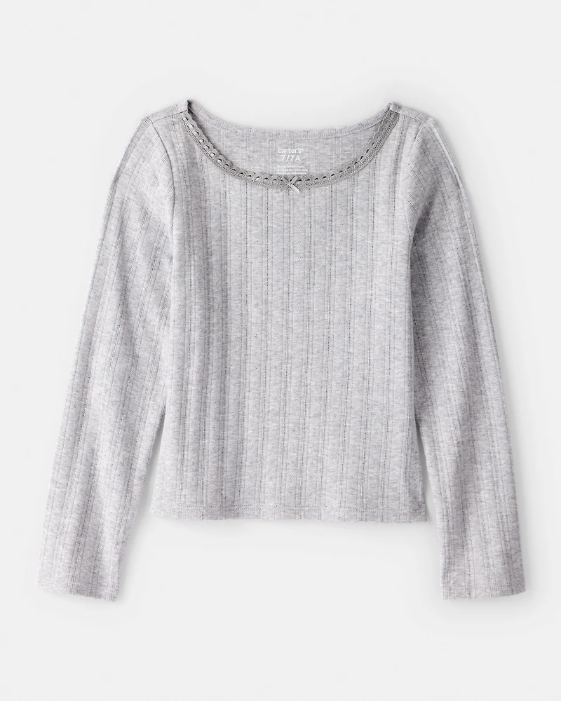 Girls Pointelle Long-Sleeve Top - Grey