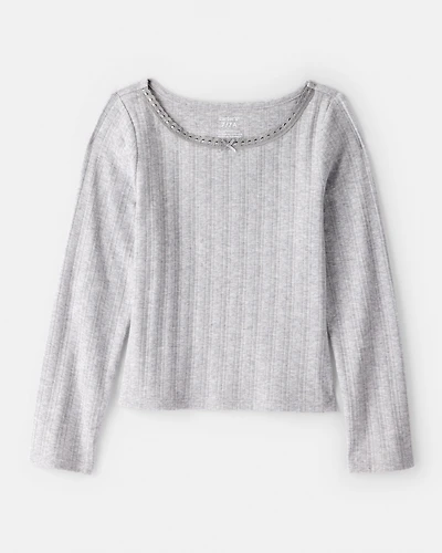 Girls Pointelle Long-Sleeve Top - Grey