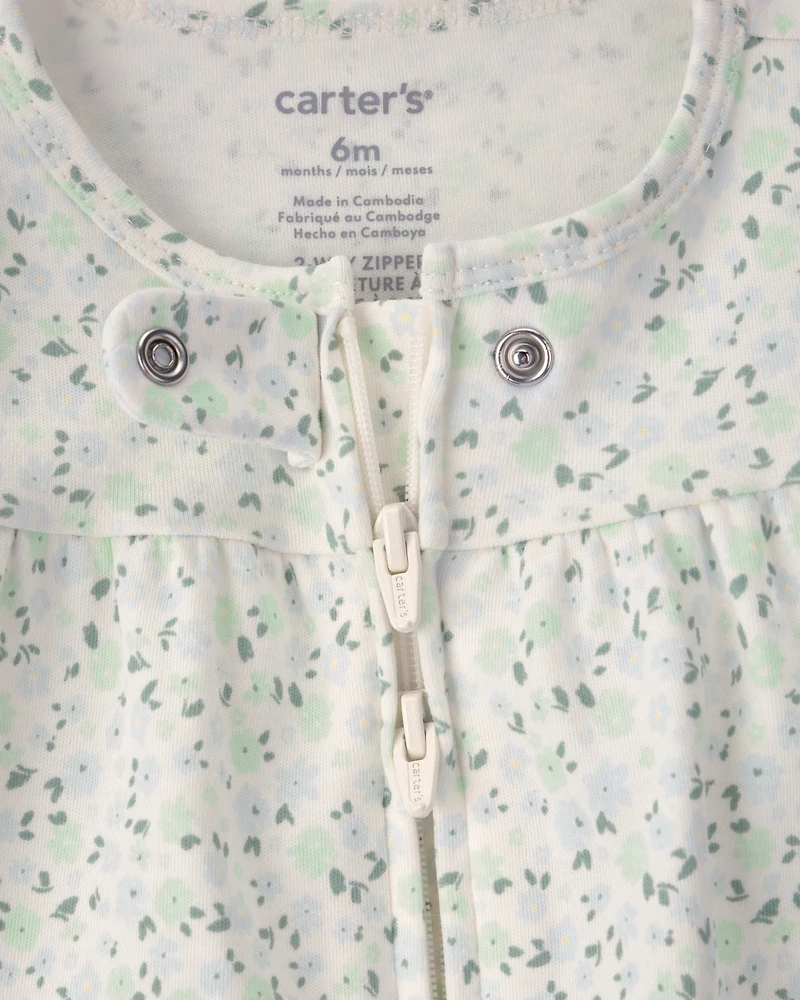 Baby Girl Floral 2-Way Zip 100% Cotton Sleeper - Green/Ivory