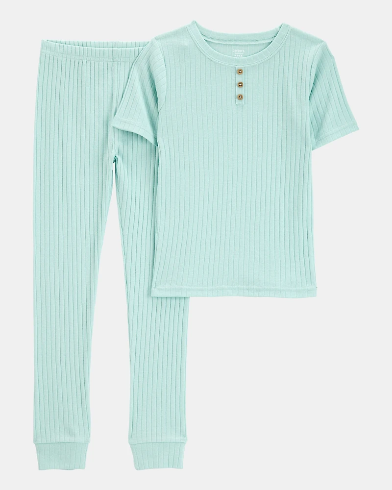 Kid Solid Ribbed Cotton Blend 2-Piece Pyjamas - Teal