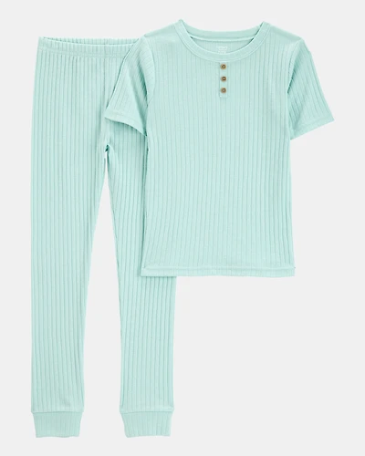 Kid Solid Ribbed Cotton Blend 2-Piece Pyjamas - Teal