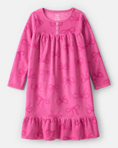 Girls Bow Print Fleece Long-Sleeve Loose Fit Night Gown - Pink