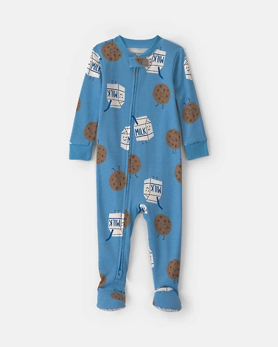 Baby Boy 1-Piece Milk & Cookies 2-Way Zip 100% Cotton Snug Fit Pyjama - Blue