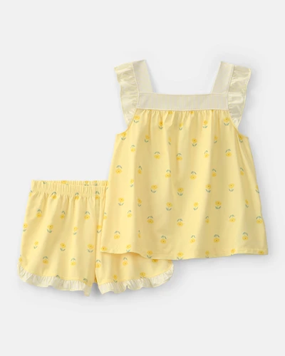 Girls Floral Sleeveless Loose Fit 2-Piece Pyjama Set - Yellow