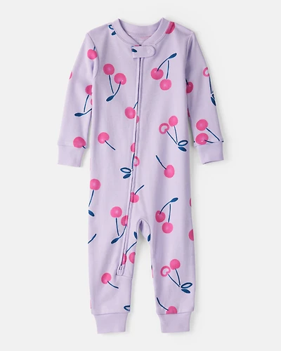 Baby Girl Cherry 100% Cotton Snug Fit 2-Way Zip 1-Piece Pyjamass - Purple