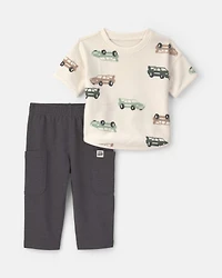 Baby Boy 2-Piece Car French Terry Short-Sleeve Top & Pant Set – Cream/Grey