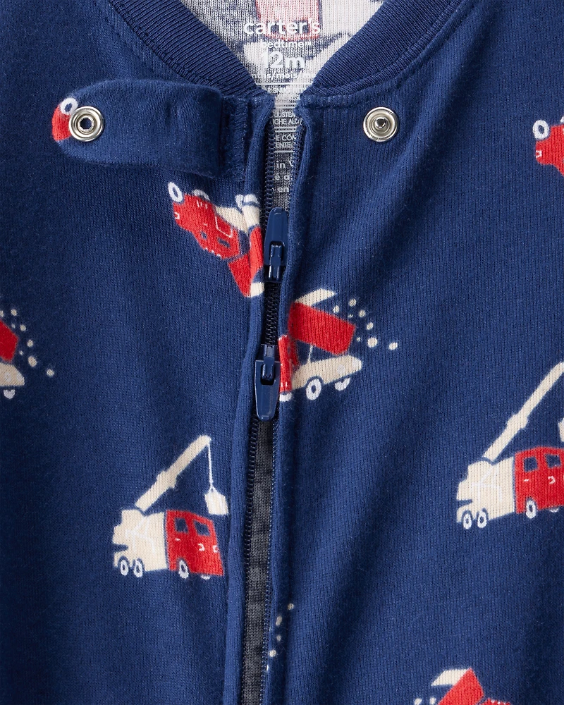 Baby Boy Construction 100% Cotton Snug Fit 2-Way Zip Footie 1-Piece Pyjamas - Navy