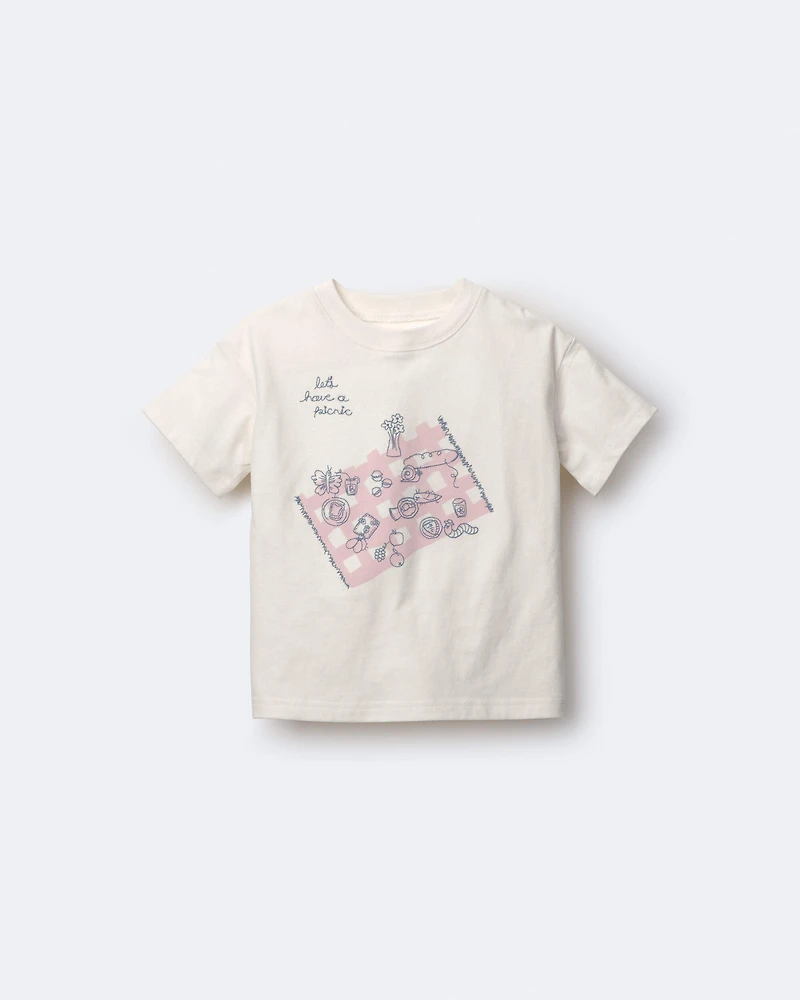 Toddler Girl Picnic Relaxed Graphic Tee - Cream