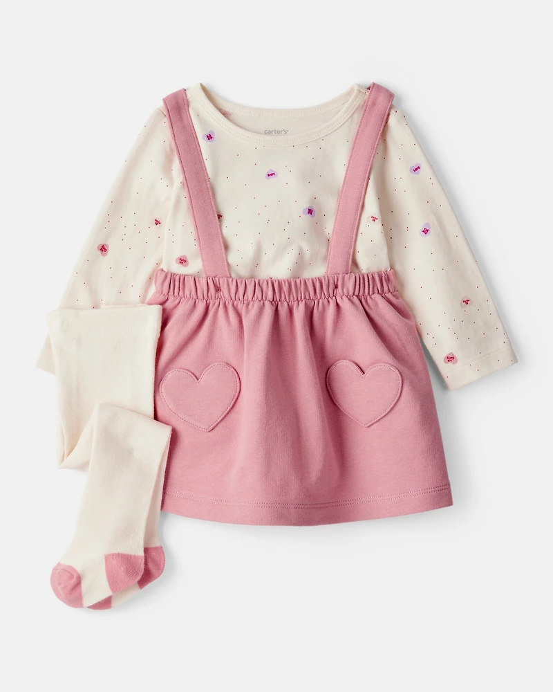Baby Girl Valentine's Day 3-Piece Heart Long-Sleeve Top & Skirt Set - Pink