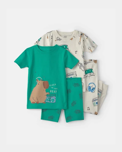 Toddler Boy Capybara 100% Cotton 4-Piece Pyjama Set - Green/Ivory