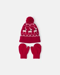 Baby 2-Piece Fair Isle Christmas Beanie & Glove Set - Red