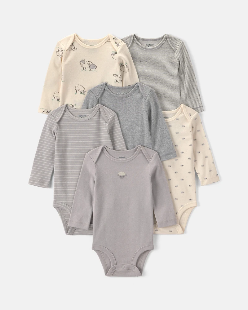 Baby 6-Pack Sheep Long-Sleeve Bodysuits - Grey/White
