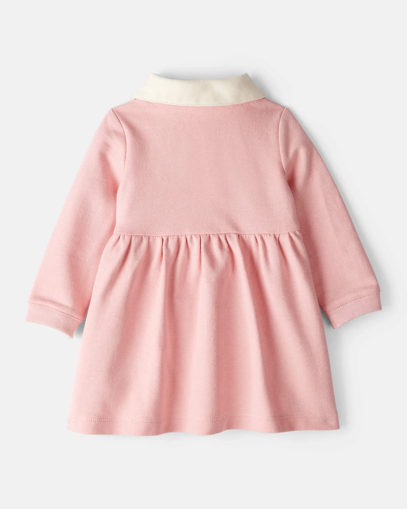 Baby Girl Polo Collared Cotton Dress - Pink