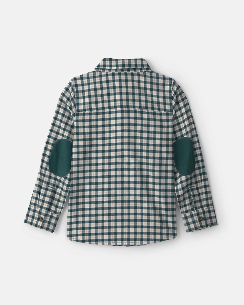 Boys Plaid Long-Sleeve Button-Down Shirt - Green/White