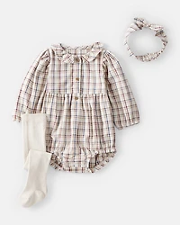 Baby Girl 3-Piece Plaid Bubble Outfit Set