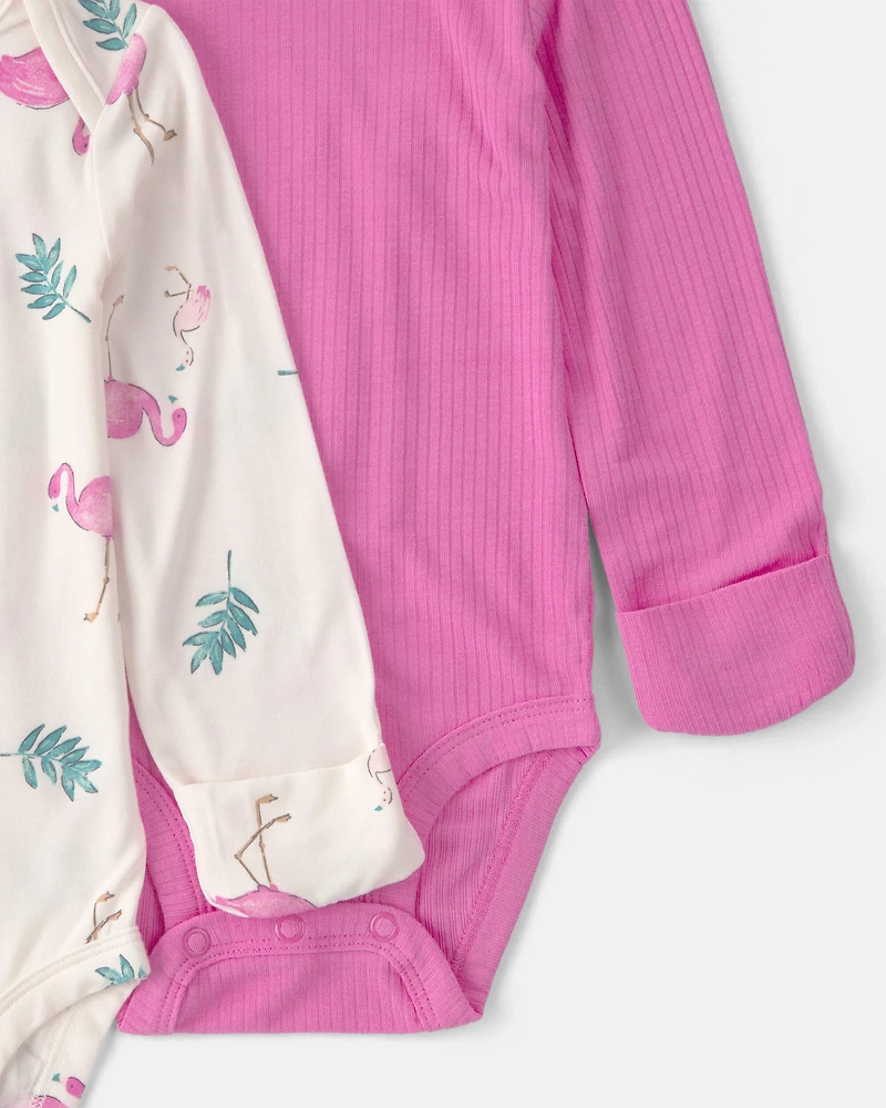 Baby Girl 2-Pack Flamingo PurelySoft Long-Sleeve Multipack Bodysuits - Pink/Ivory
