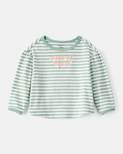 Baby Girl Made of Magic' Striped Long-Sleeve Top - Green