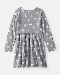 Girls Snowflake Print Cotton Long-Sleeve Dress - Grey