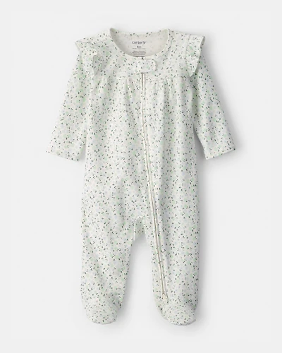Baby Girl Floral 2-Way Zip 100% Cotton Sleeper - Green/Ivory