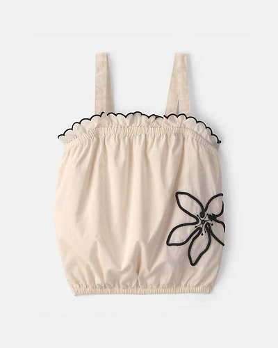 Girls Flower Embroidered Tank Top - Ivory
