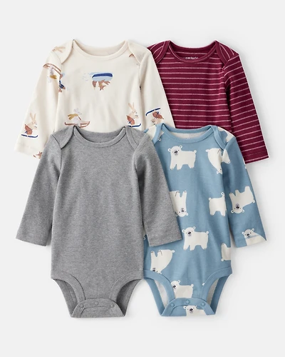 Baby Boy 4-Pack Polar Bear Animal Print Long-Sleeve Multipack Bodysuits - Blue