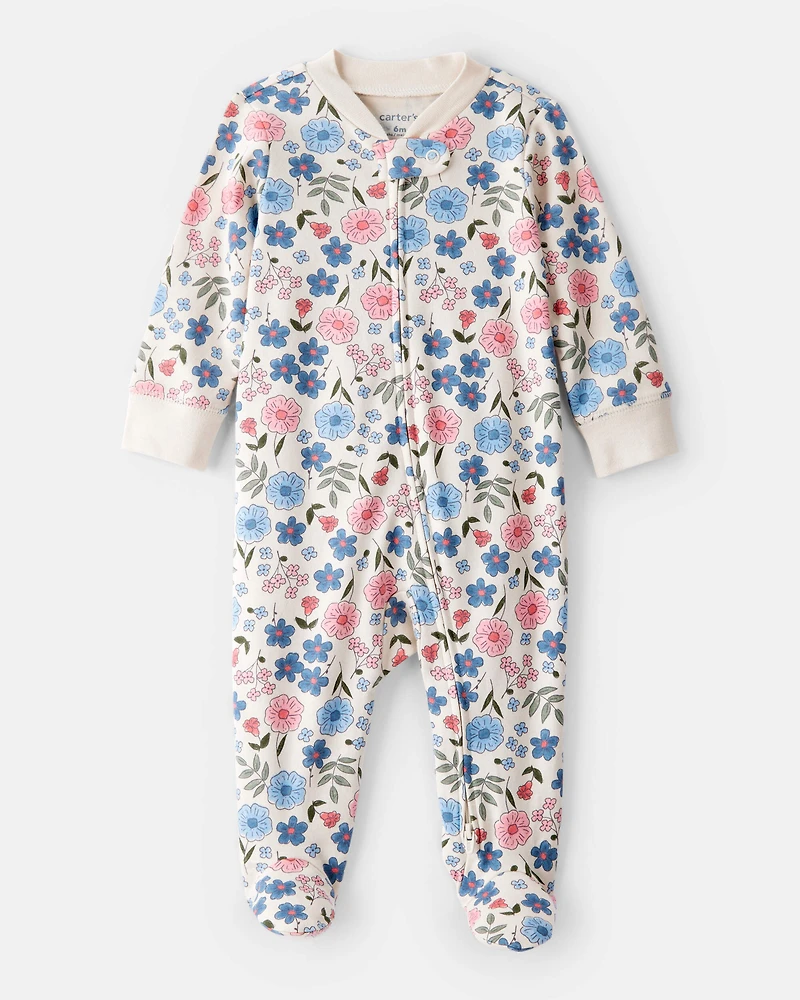 Baby Girl Flowers Print 100% Cotton Long-Sleeve Snug Fit Sleeper - White