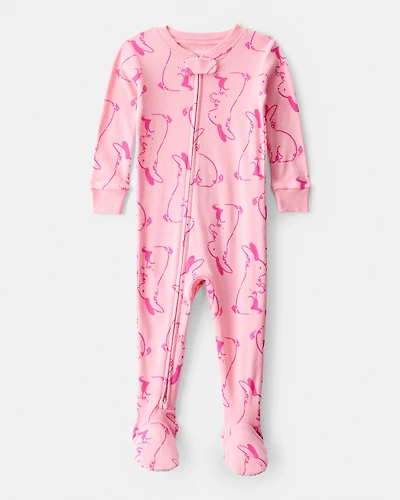 Baby Girl Bunny 100% Cotton Snug Fit 2-Way Zip Footie 1-Piece Pyjamas - Pink