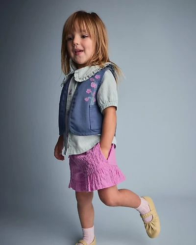 Toddler Girl Embroidered Cropped Vest with Otter Pockets - Slate Blue