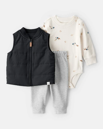 Baby Boy 3-Piece Quilted Vest Outfit Set - Grey/Black