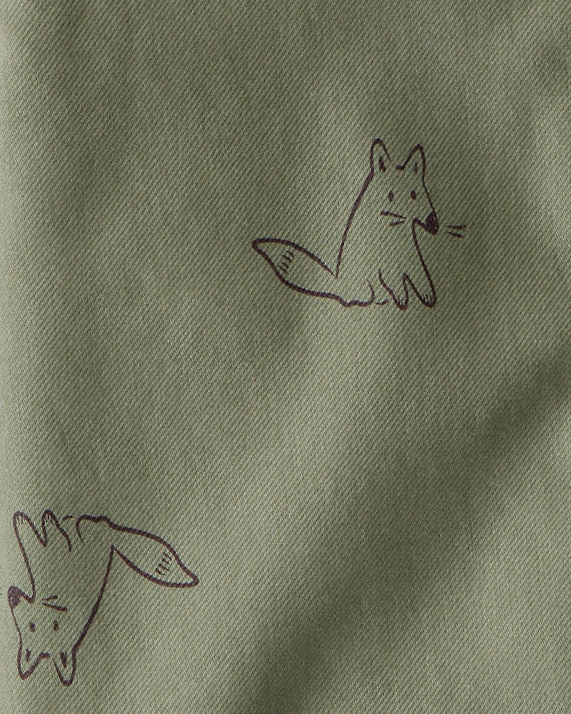 Toddler Boy Racoon Print Cotton Long-Sleeve Hooded Button-Down Shirt - Green