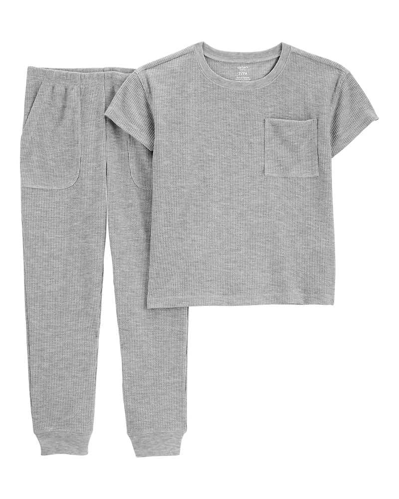 Boys Solid Loose Fit Waffle Knit 2-Piece Pyjamas