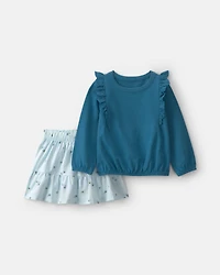Toddler Girl 2-Piece  French Terry Top & Bee Skirt Set - Blue