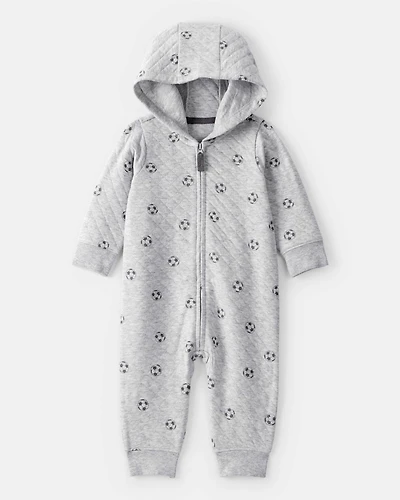 Baby Boy Soccer Quilted Long-Sleeve Hooded Jumpsuit - Black