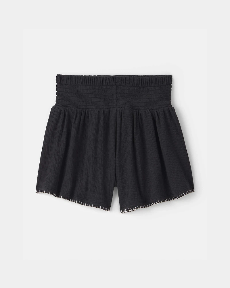 Girls Smocked Crinkle Shorts - Black