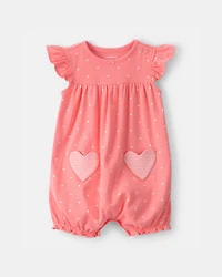 Baby Girl Heart Pocket Short-Sleeve Romper - Coral