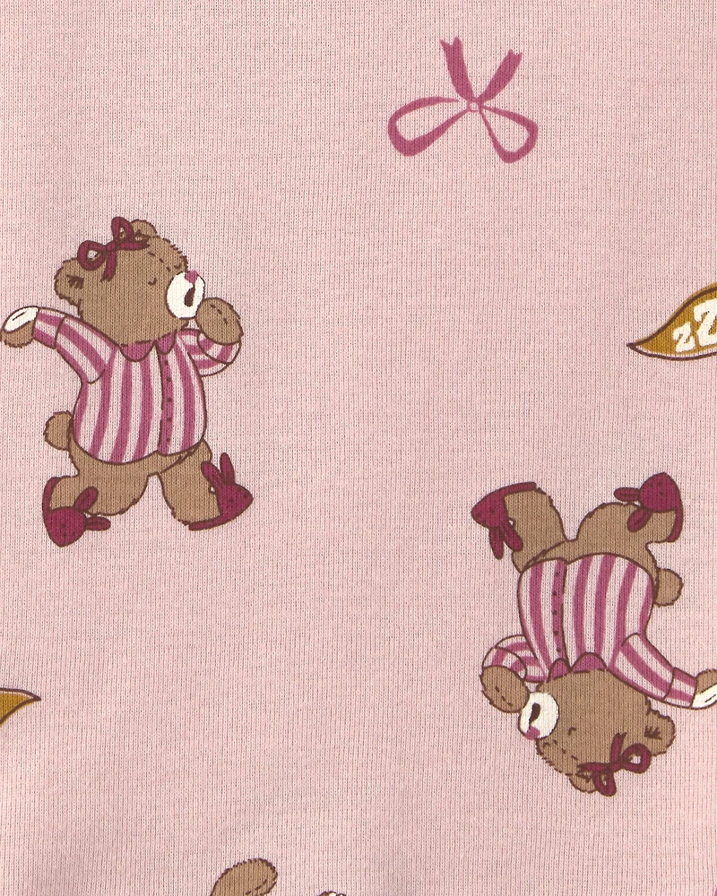 Girls 4-Piece Varsity Bear 100% Cotton Snug Fit Pyjama Set - Pink/Cream