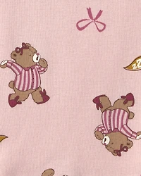 Girls 4-Piece Varsity Bear 100% Cotton Snug Fit Pyjama Set - Pink/Cream