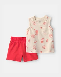 Baby Boy 2-Piece Snack Time Top & Short Set - Cream/Red