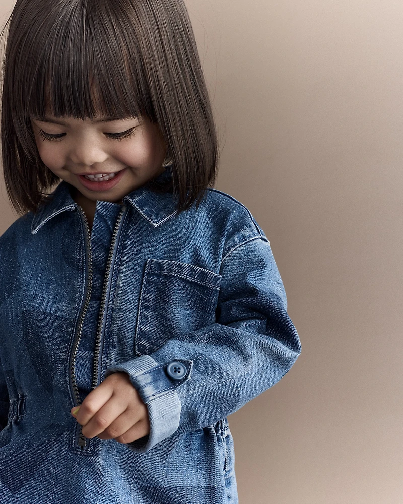 Toddler Girl Zip-Up Denim Shirt Dress with Shapes - Blue