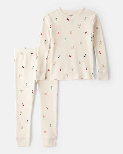 Toddler Christmas Print Cotton Long-Sleeve Snug Fit 2-Piece pyjamas - White