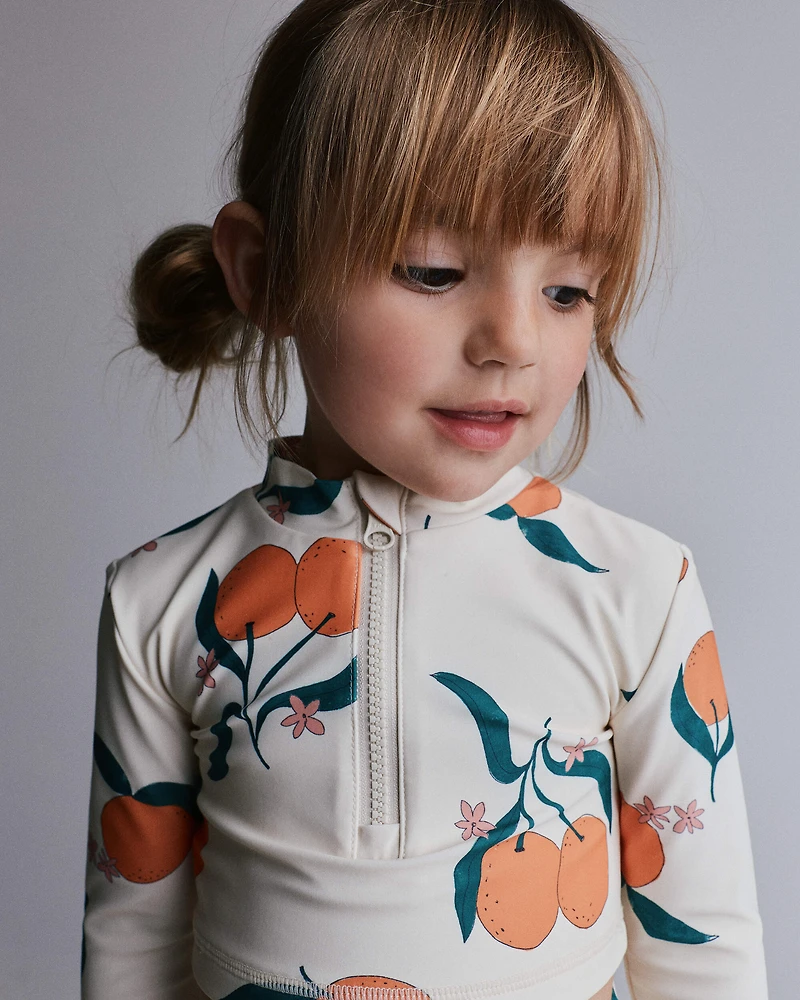 Toddler Girl Half-Zip Long-Sleeve Rashguard Set Clementine Grove Print - Cream