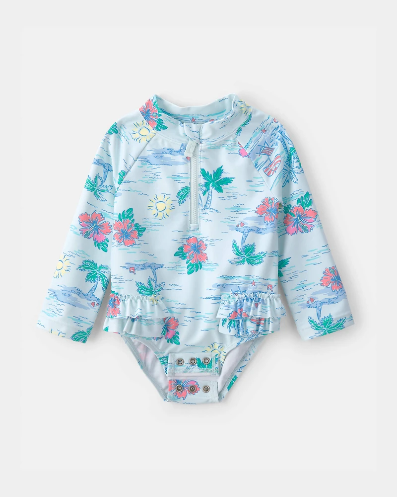 Baby Girl Beach Long-Sleeve 1-Piece Swimsuit - Blue