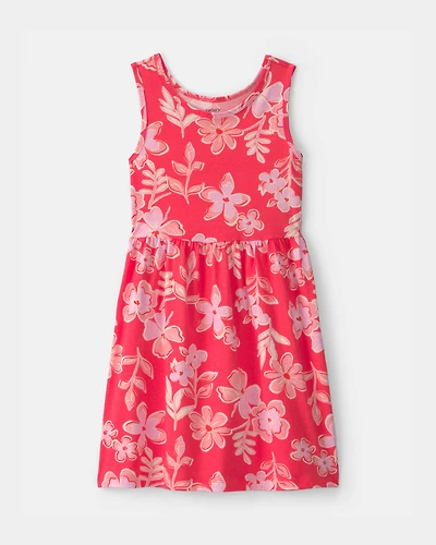 Girls Tropical Floral Sleeveless Knit Dress - Pink/Orange